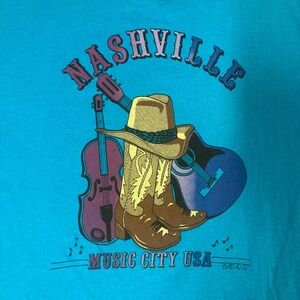 Vintage Jerzees Nashville Music City USA T-Shirt Blue Made in USA Large 50/50